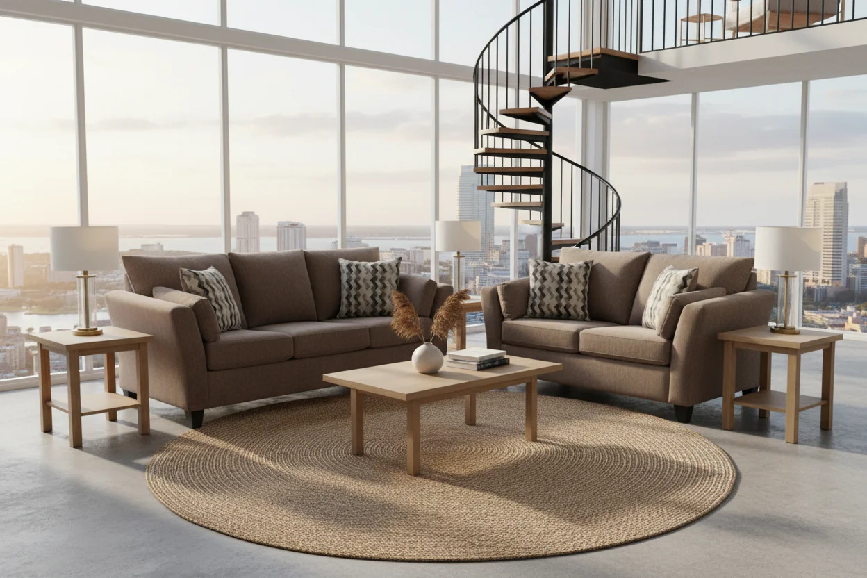 1061 Flair Arm Mocha or Charcoal Sofa and Loveseat Set