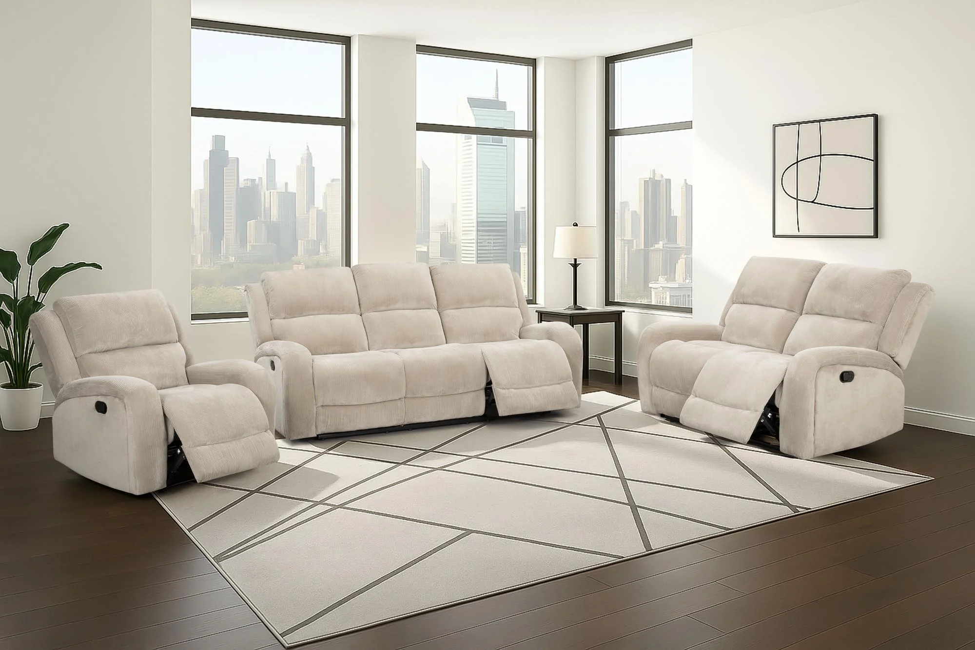 Beige Corduroy Manual Reclining Set - Image 2