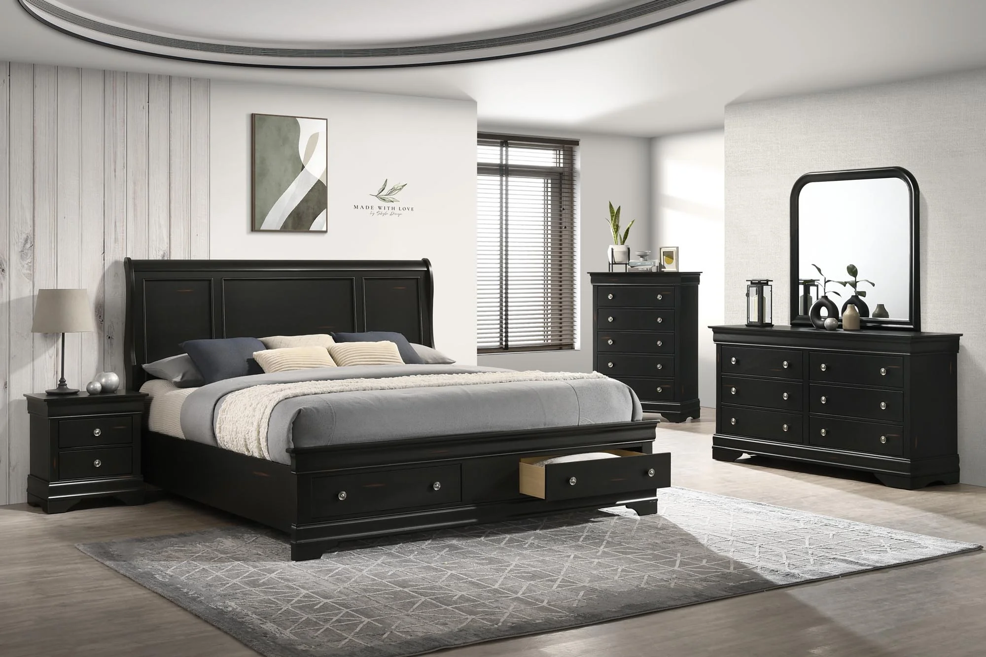 BR0393 Antique Black 5 Pc Storage Bedroom Sets