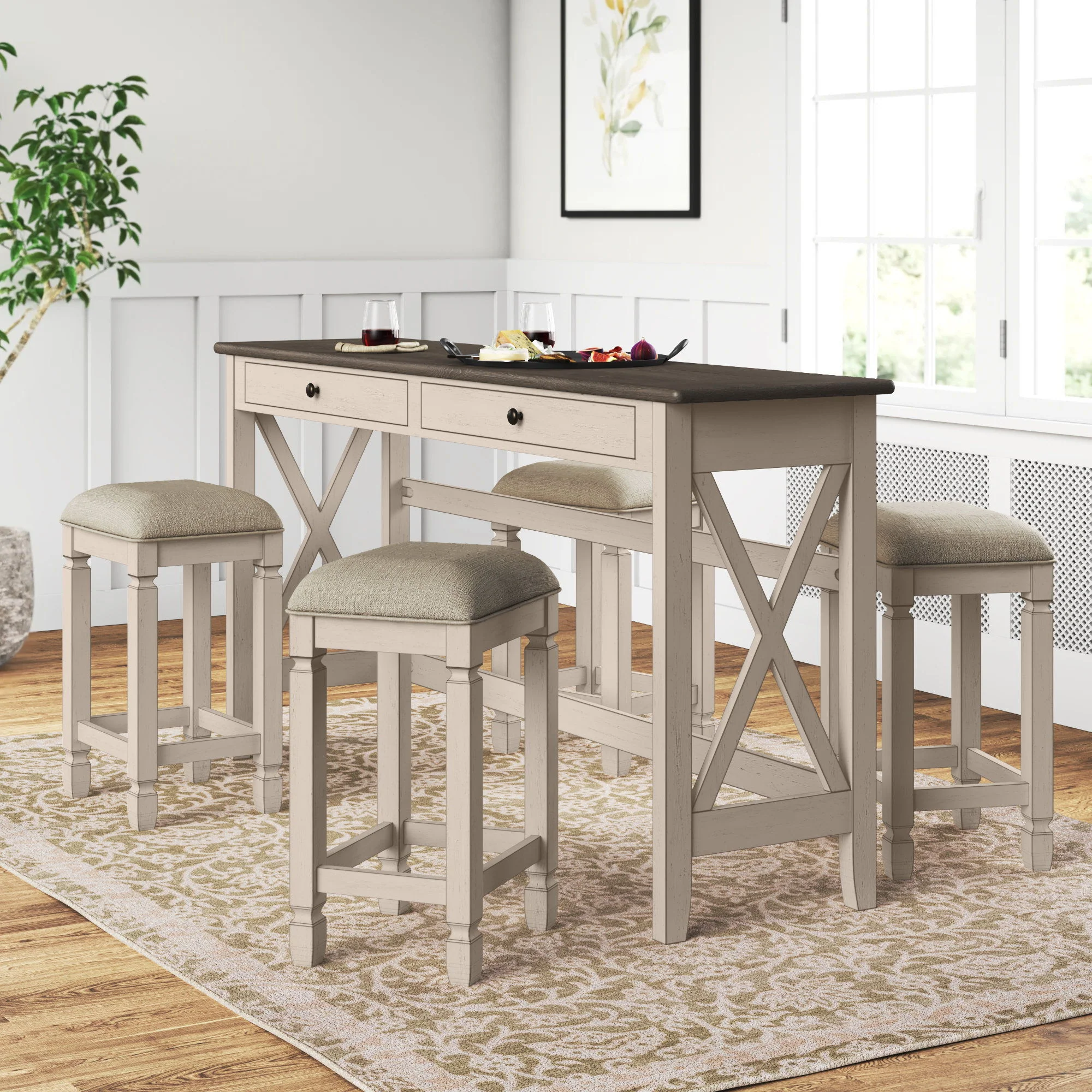 Console Table With 4 Stools - Antique White - Image 2
