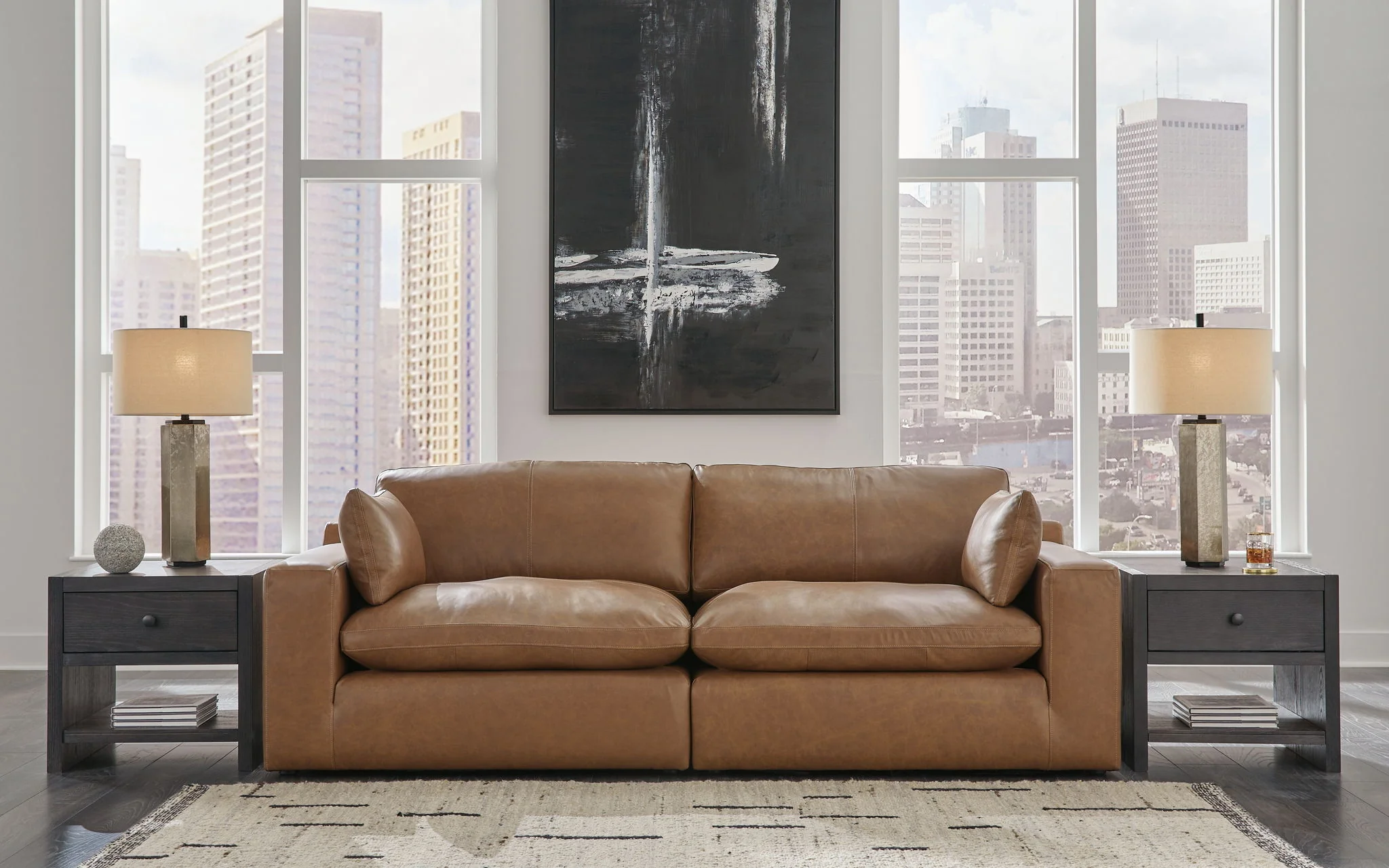Emilia - 3 Pc. - 2-Piece Sectional Loveseat, Ottoman - Caramel - Image 2