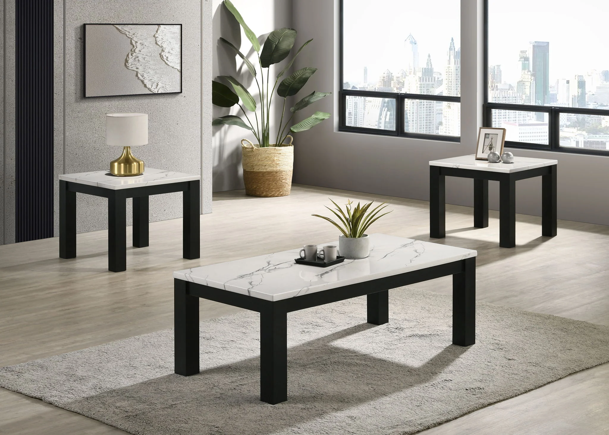 Ivy - 3 Piece Faux Marble White Cocktail Set - White / Black