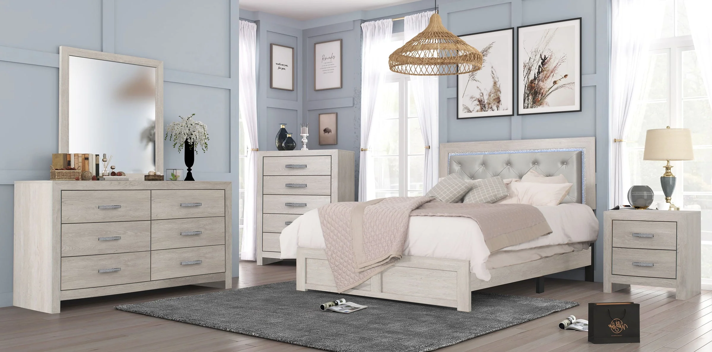 Jaylen 5 Piece Bedroom Suites in Natural or Black