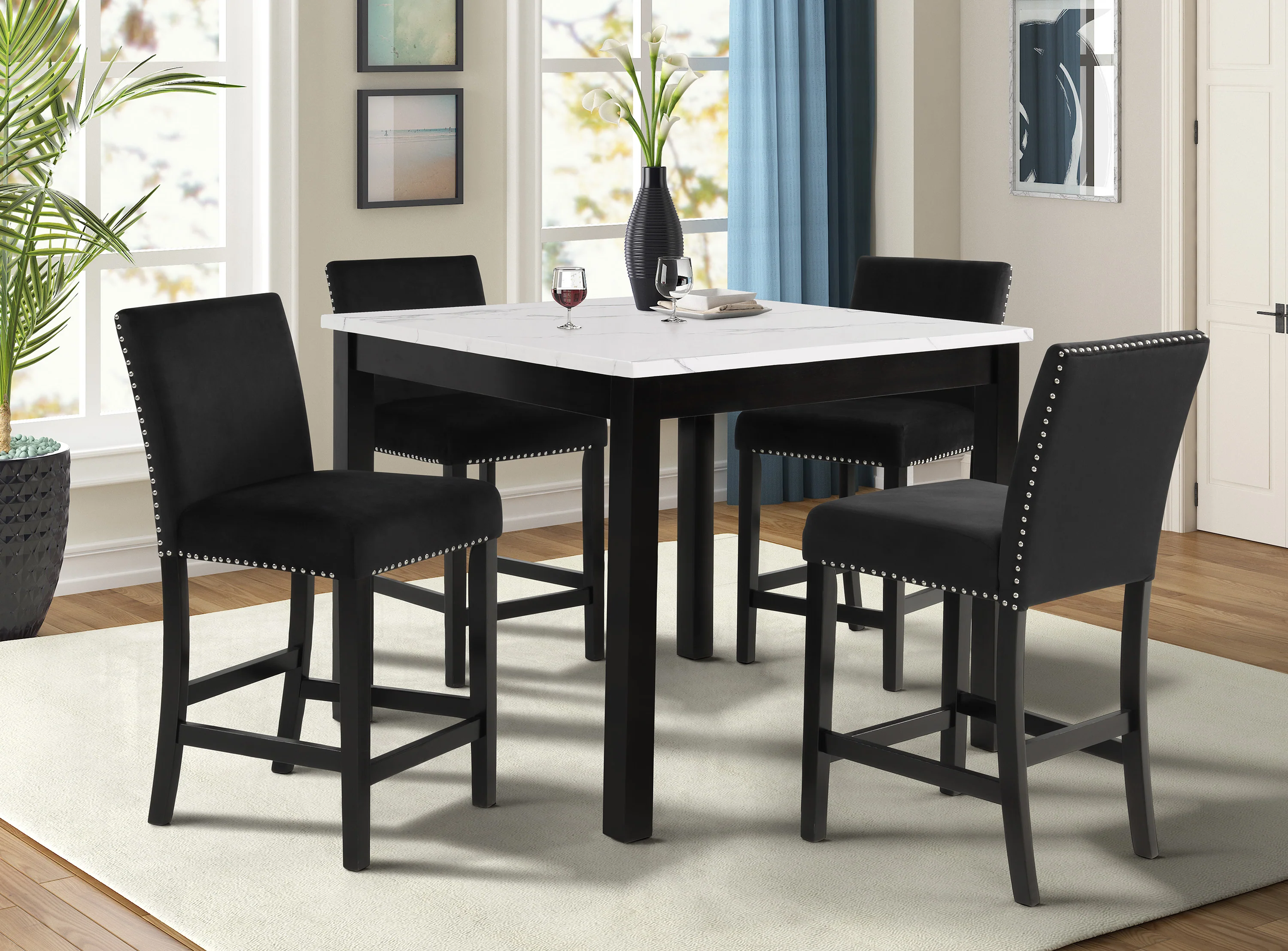 Lennon Black & Marble with Black Velvet 5Pc Counter Height Dining Set