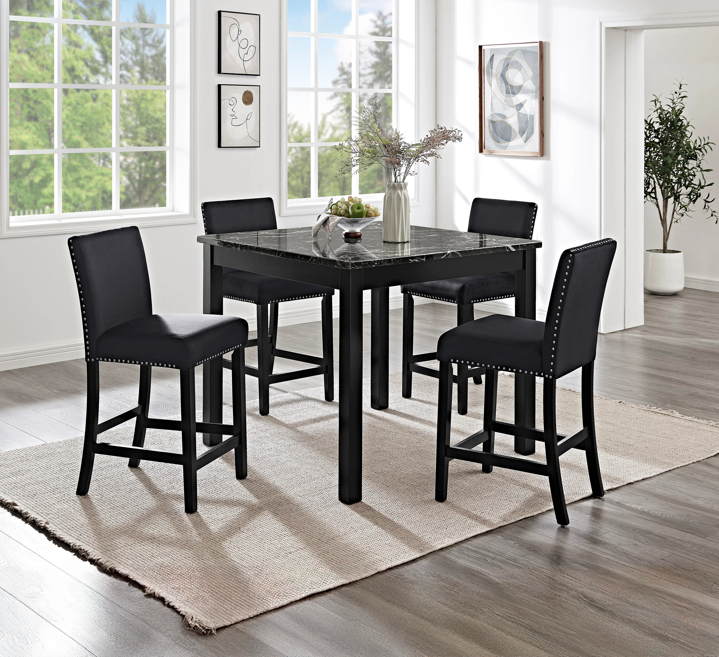 Lennon All Black with Velvet 5Pc Counter Height Dining Set