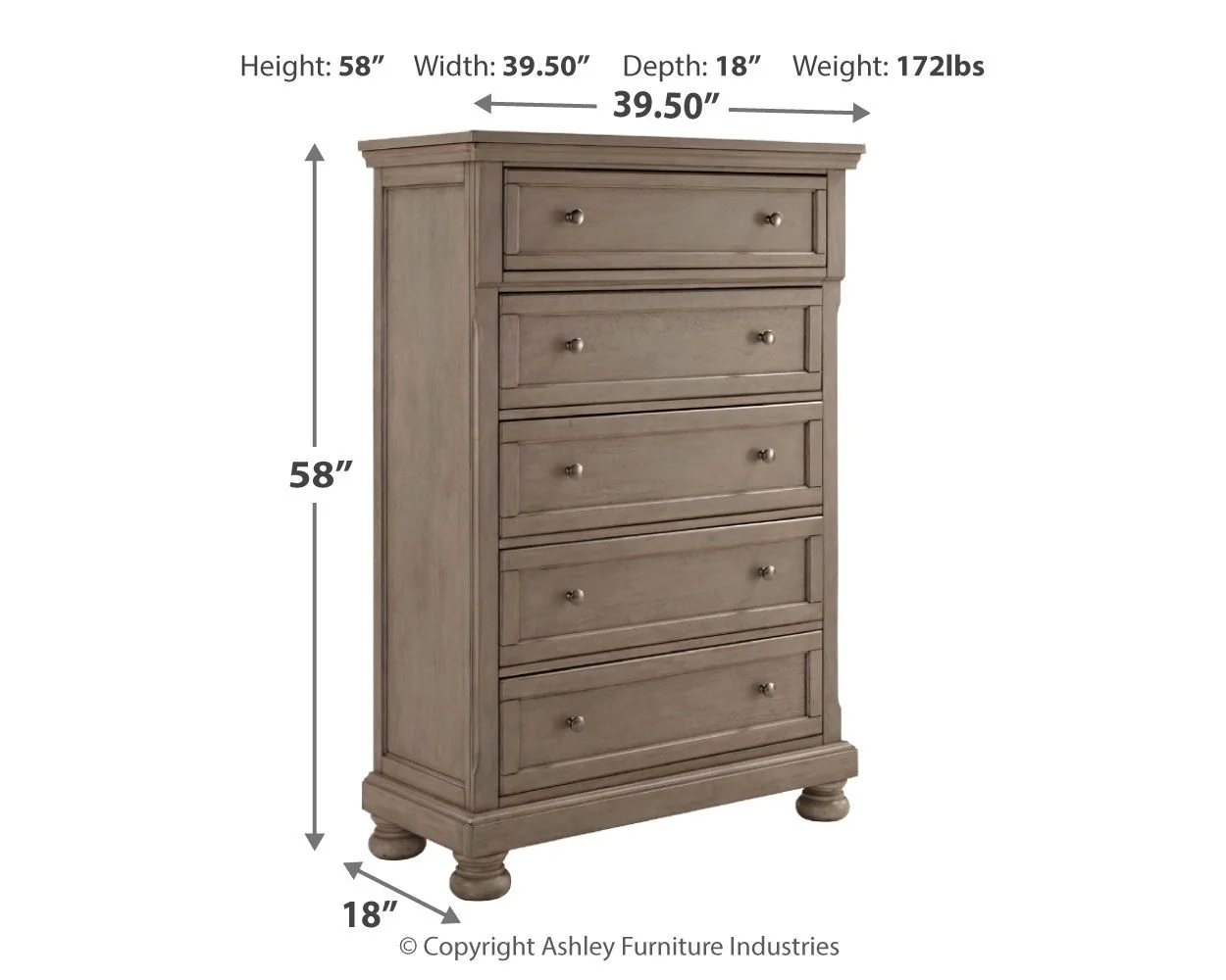 Lettner - Five Drawer Chest - 2-handles - Light Gray - Image 4
