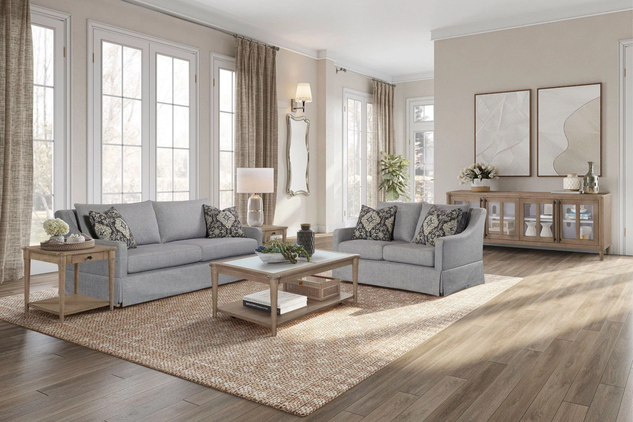 Loveseat With Skirt And Reversable Cushions And 2 Pillows - Light Gray - Image 2