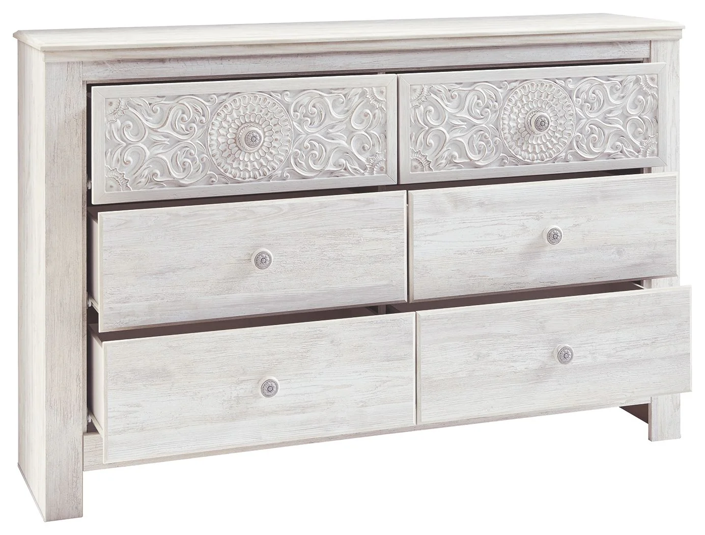 Paxberry - Six Drawer Dresser - Medallion Drawer Pulls - Whitewash - Image 2
