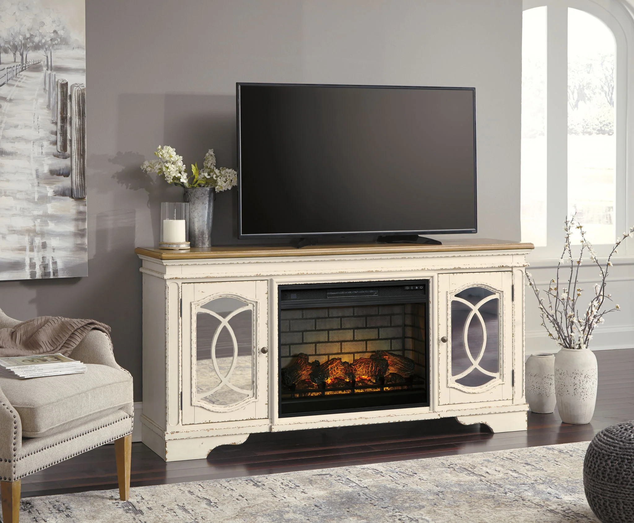 Realyn - 2 Pc. - 74" TV Stand with Electric Infrared Fireplace Insert - Chipped White - Image 3