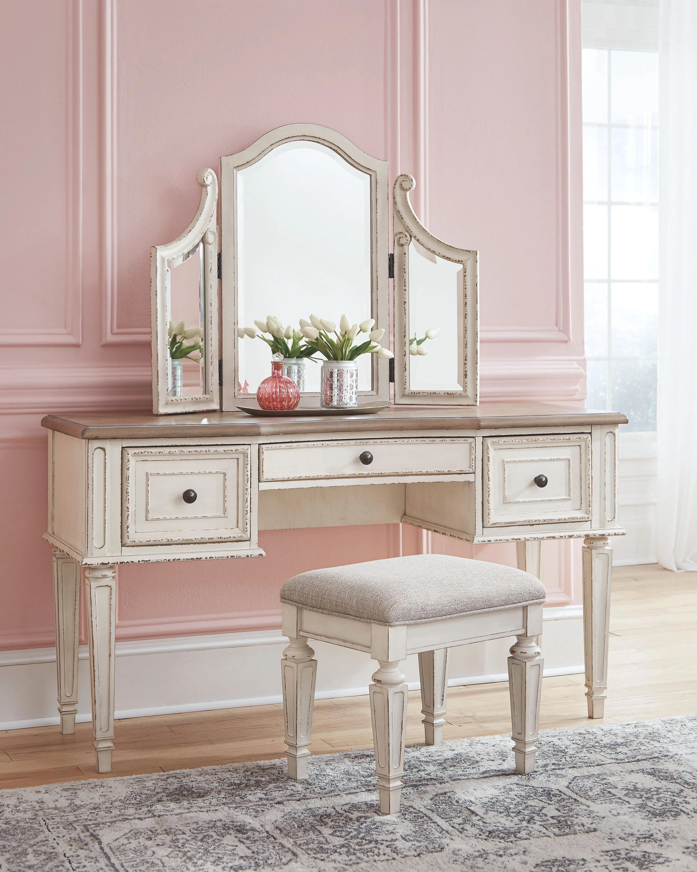 Realyn - Vanity/Mirror/Stool (Set of 3) - White / Brown / Beige - Image 3