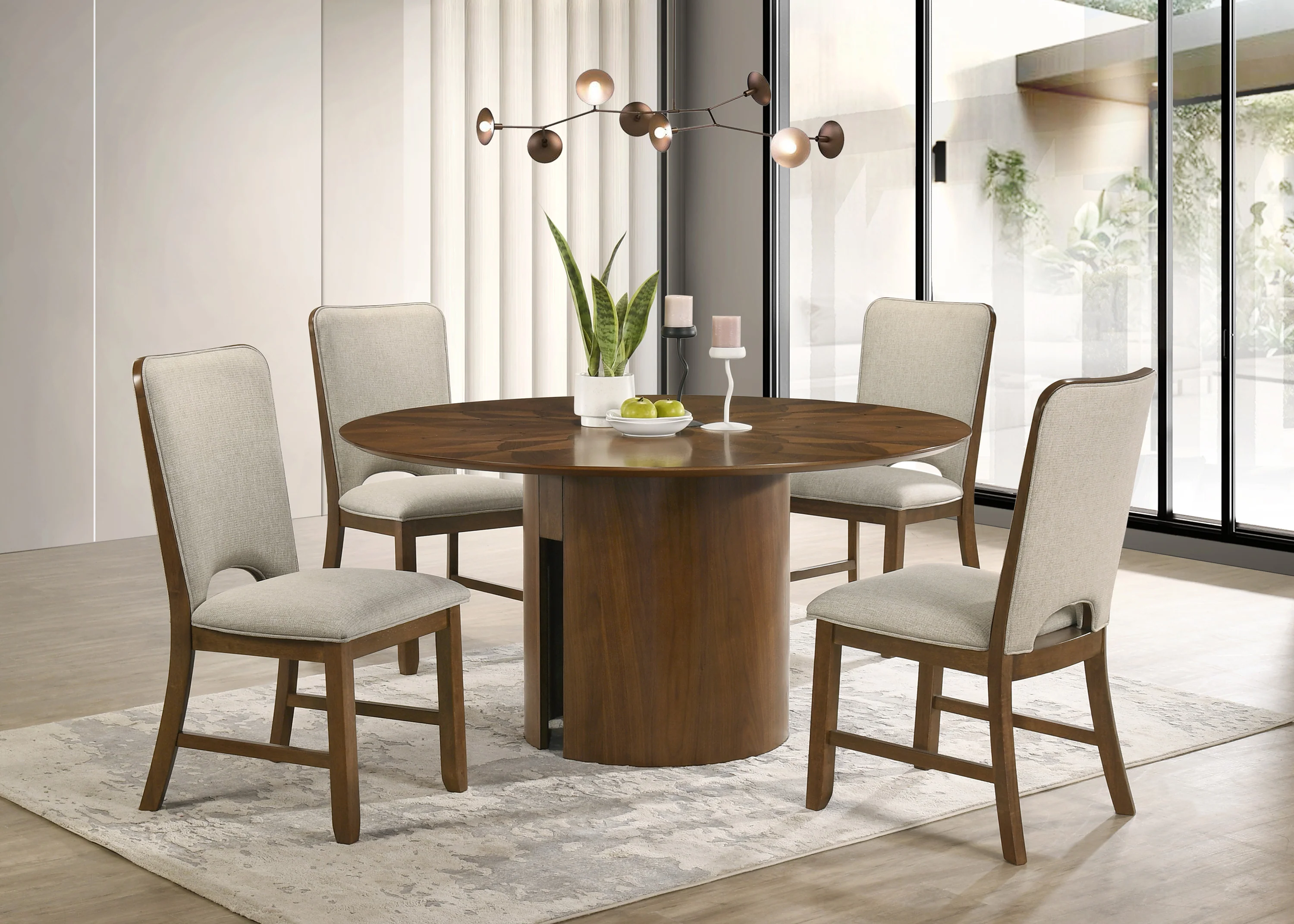 Shari 5Pc Round Dining Set with Veneer Inlay Pattern Top