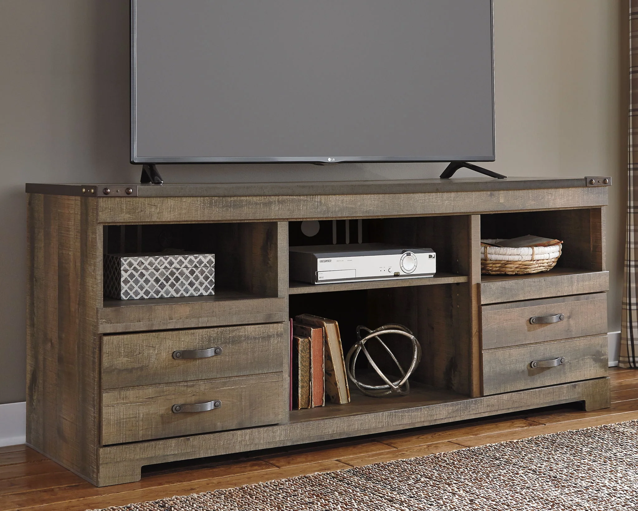 Trinell - 63" TV Stand With Glass/Stone Fireplace Insert - Brown - Image 3