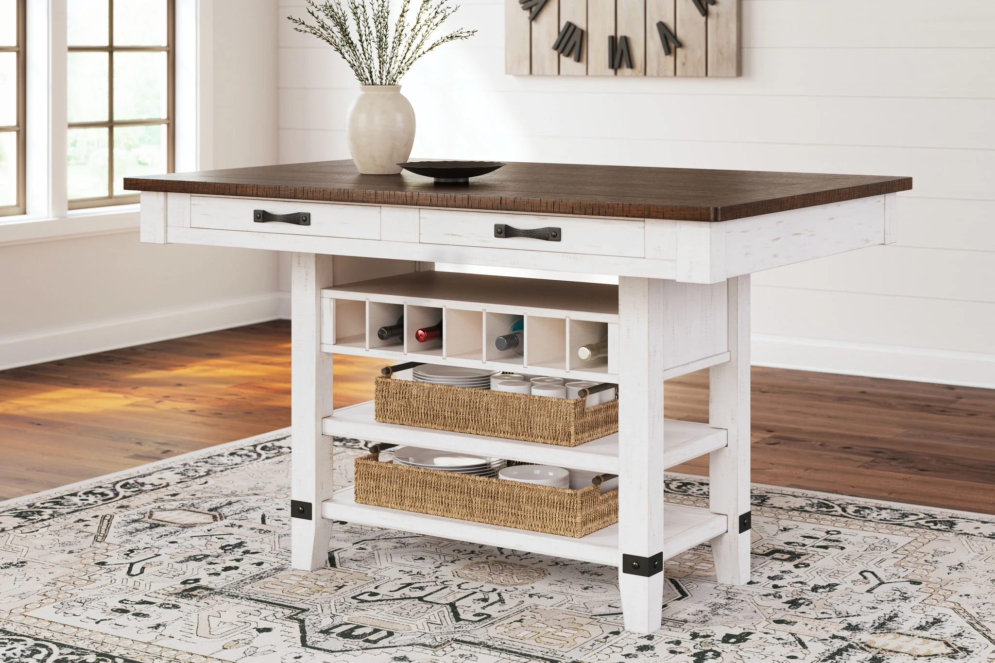 Valebeck - 5 Pc. - Counter Table With Wine Rack, 4 Swivel Stools - White / Brown - Image 2