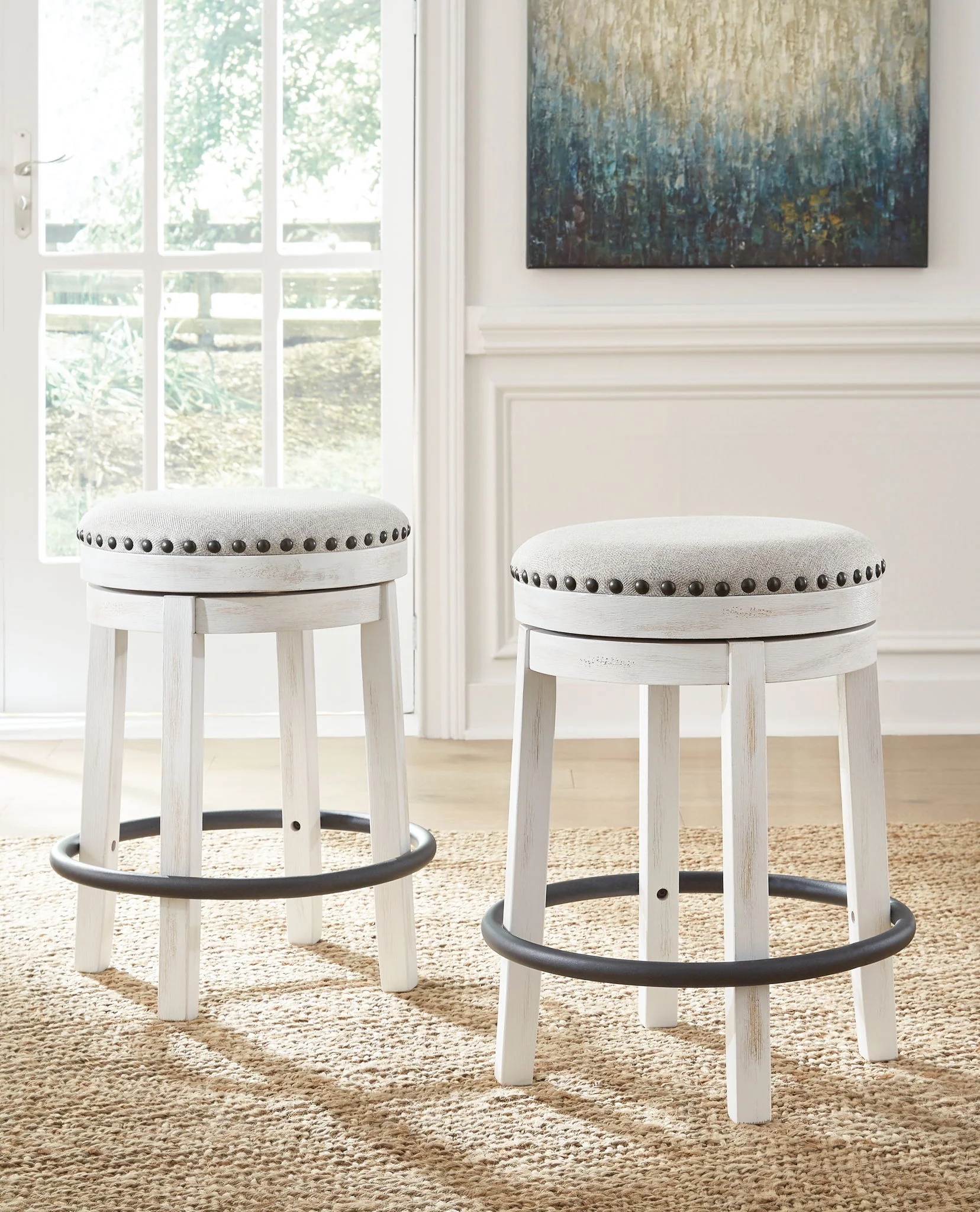 Valebeck - 5 Pc. - Counter Table With Wine Rack, 4 Swivel Stools - White / Brown - Image 3