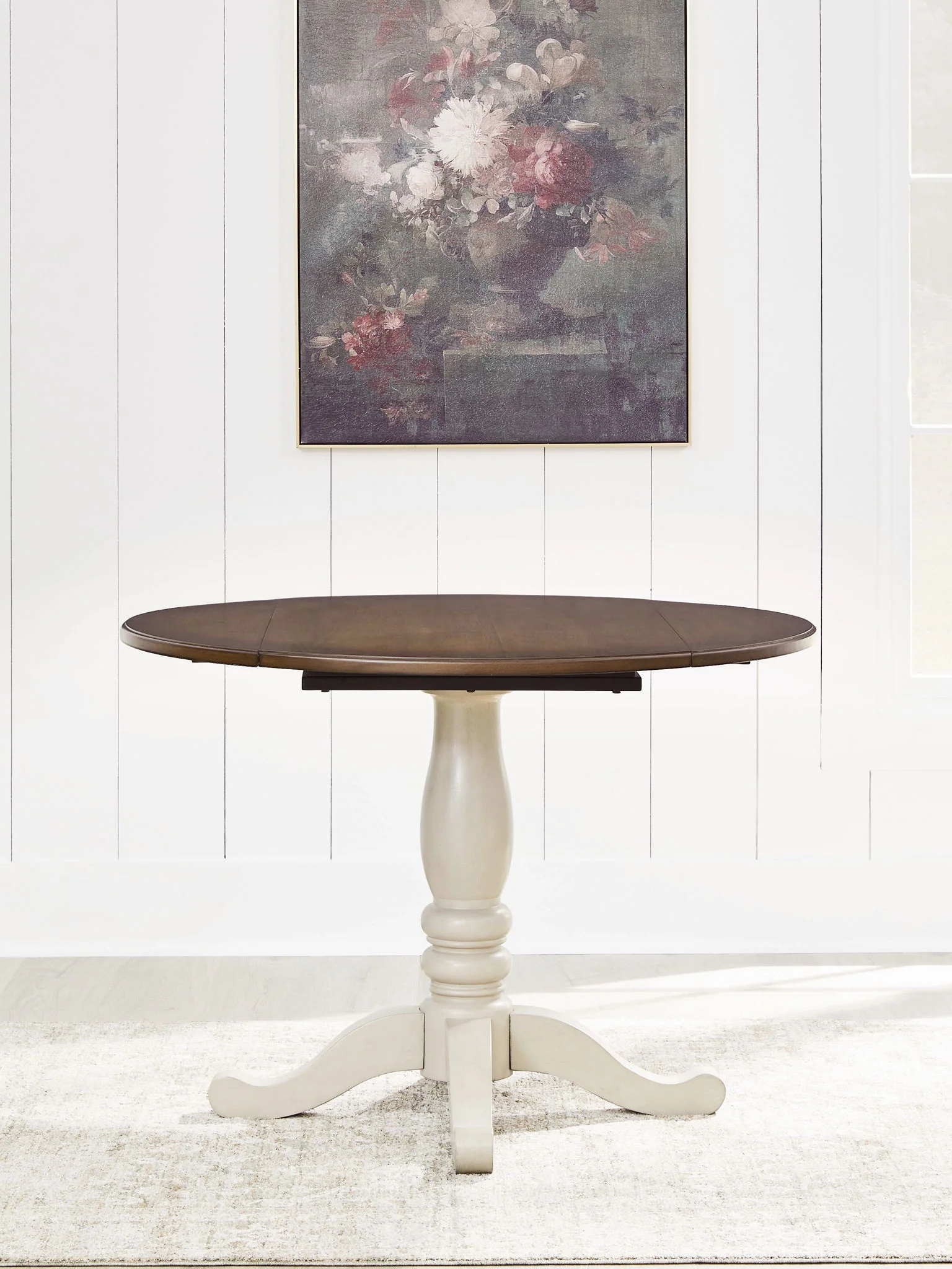 Wirloni - Round Dining Room Drop Leaf Table - Antique White / Brown - Image 4