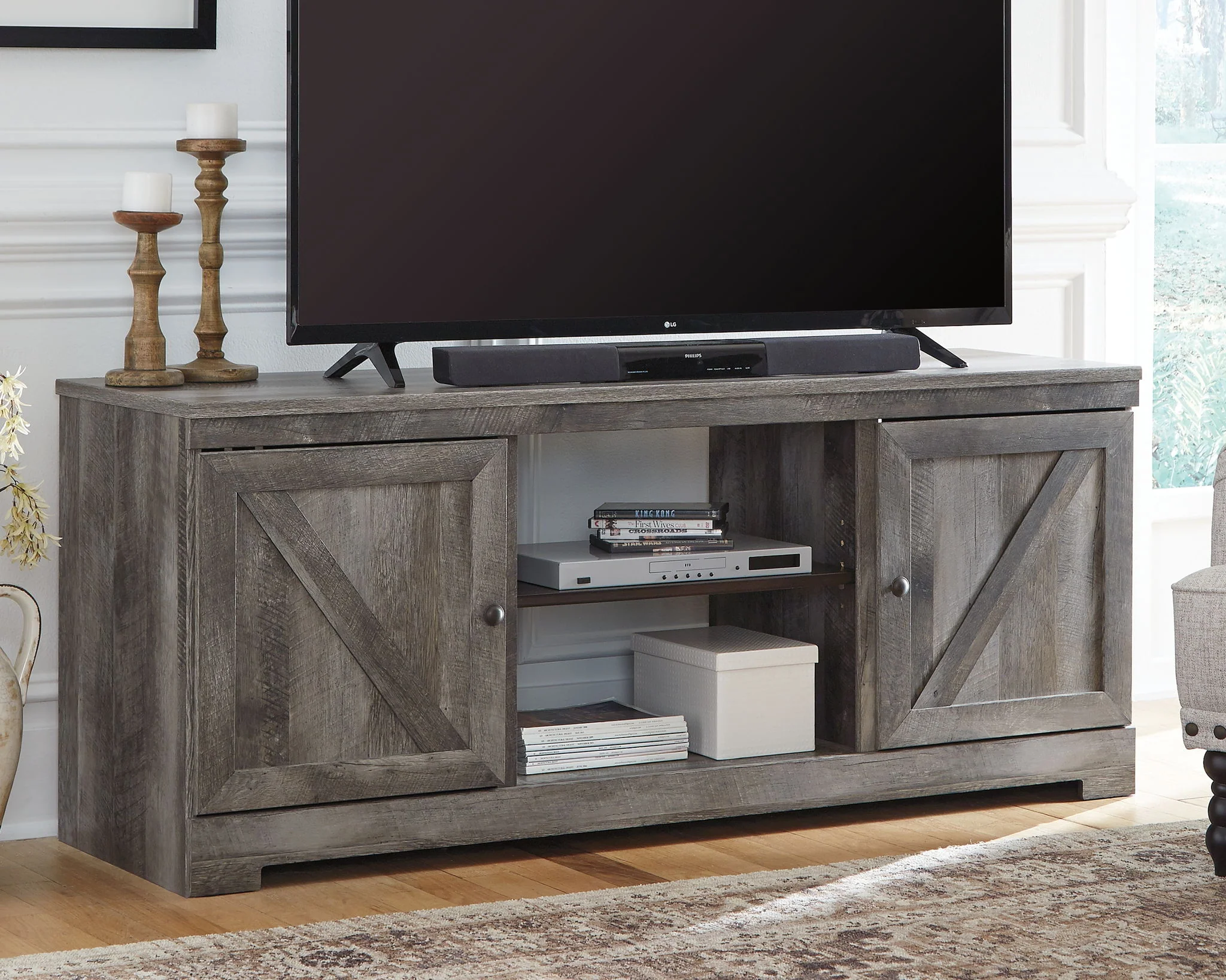 Wynnlow - 63" TV Stand With Glass/Stone Fireplace Insert - Gray - Image 3