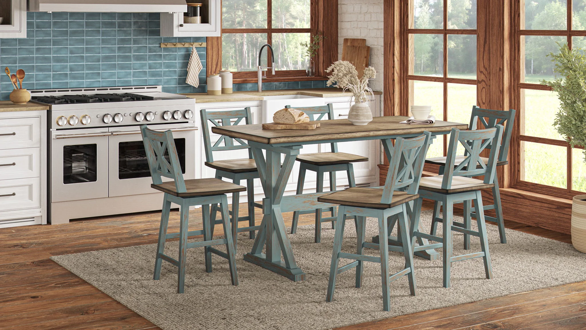 X Based Counter Height Dining Table - Aqua Blue - Image 4